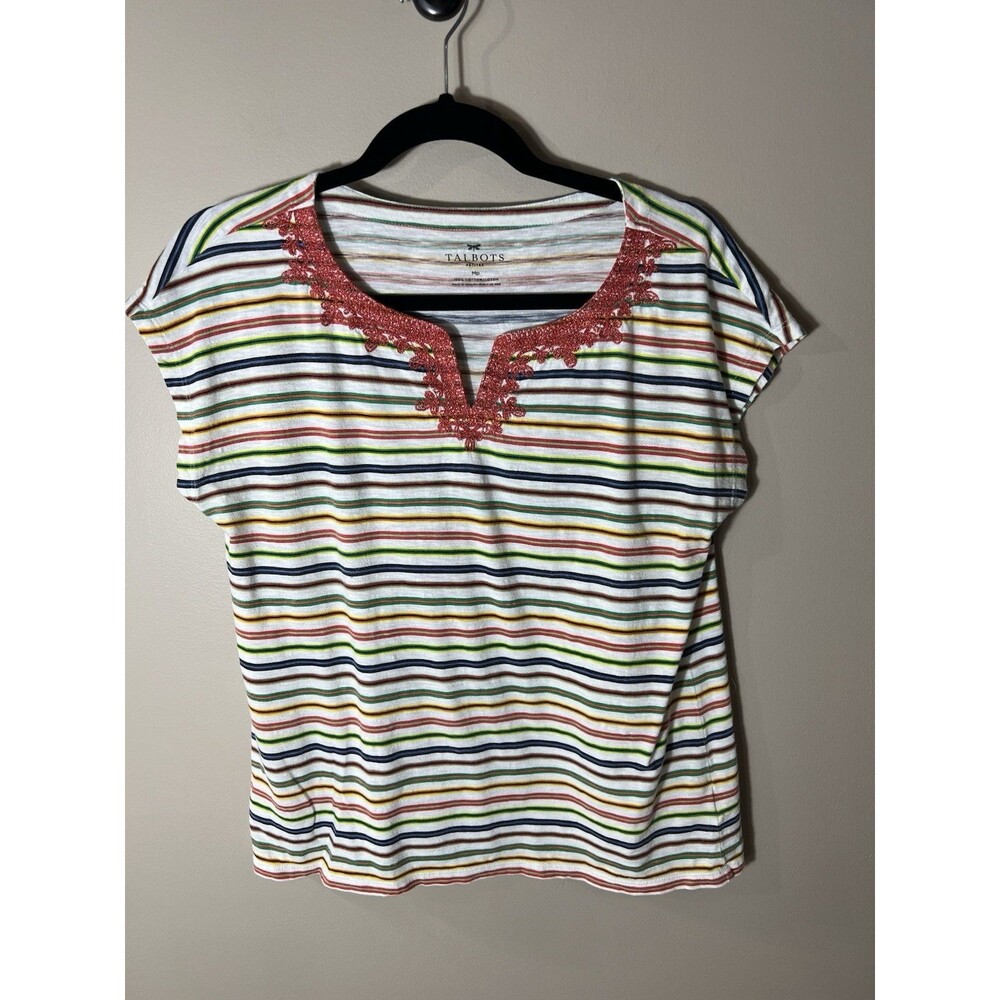 Talbots T Shirt Womens Medium Petite Beaded And Striped